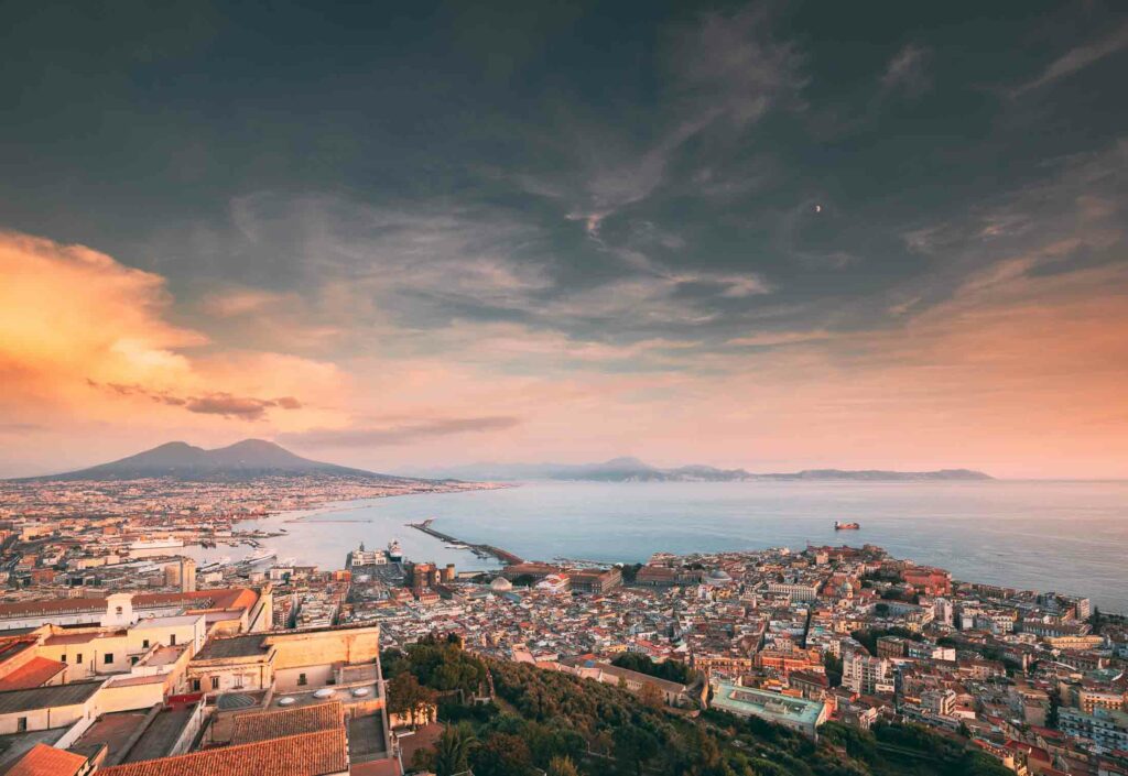 Naples, Italy. Skyline Cityscape City In Evening Sunset. Tyrrhen