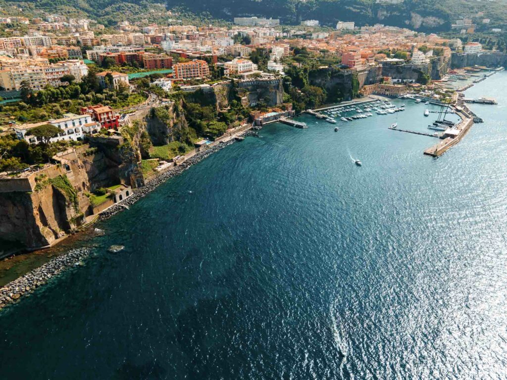 Aerial drone view of the Tyrrhenian sea coast in Sorrento, Italy
